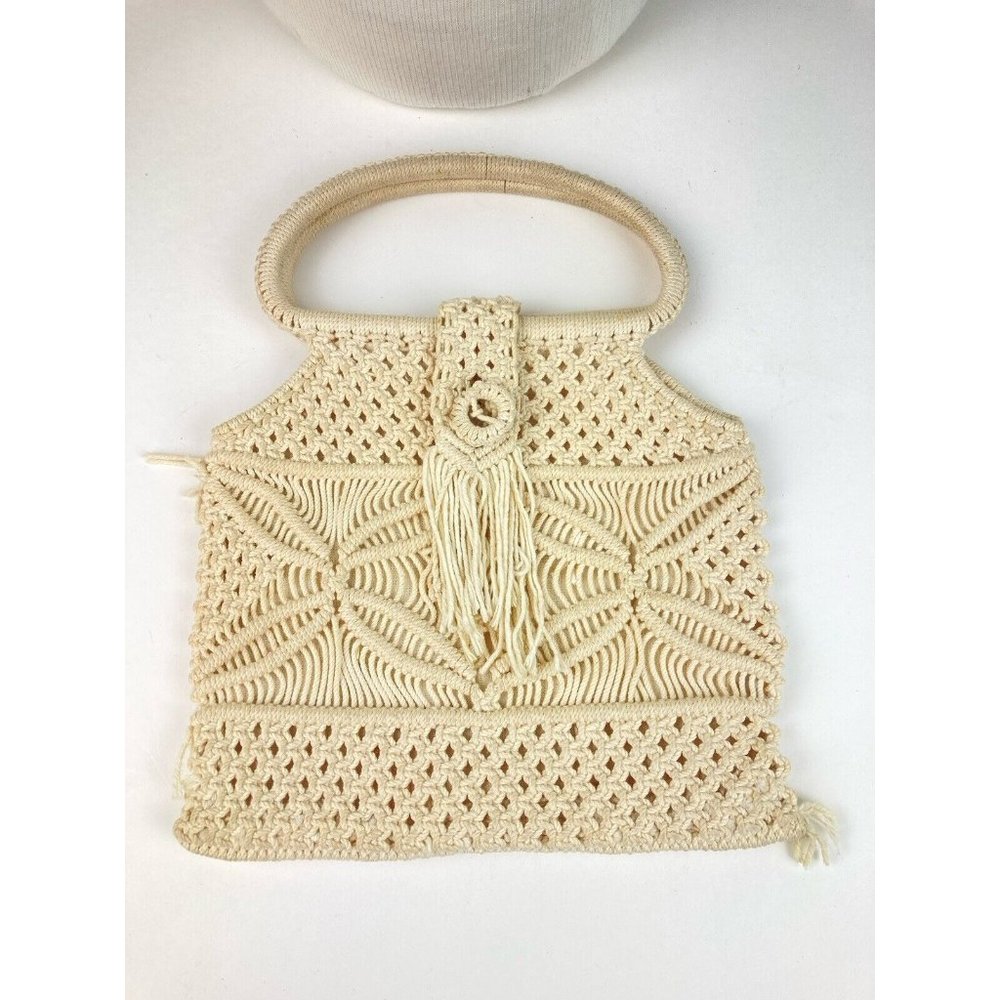 *Boho Small Macrame Purse Double Wood Handles Button Closure Lined - Picture 1 of 6